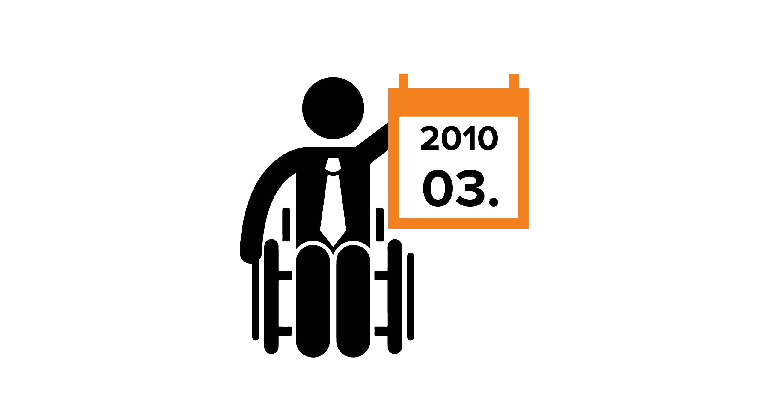 Na grafice człowiek na wózku, trzymający kalendarz z datą 03.2010