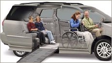 dwoje dzieci i dwoje dorosłych w samochodzie. kobieta jest na wózku inwalidzkim.