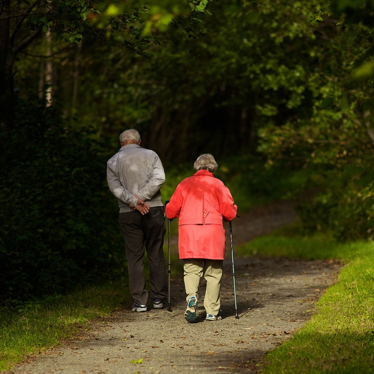 dwójka starszych ludzi spaceruje w parku