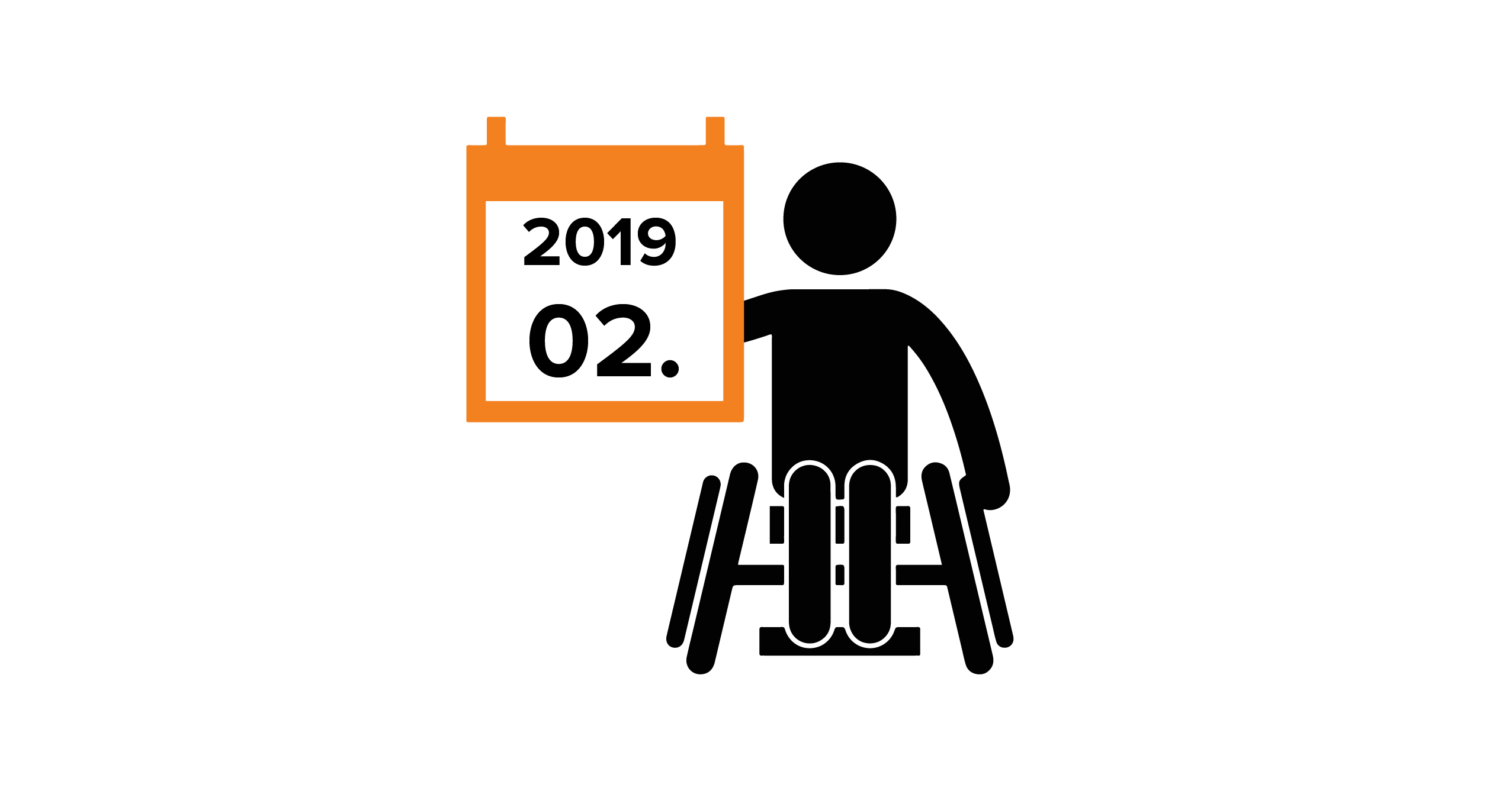 Na grafice człowiek na wózku, trzymający kalendarz z datą 02.2019