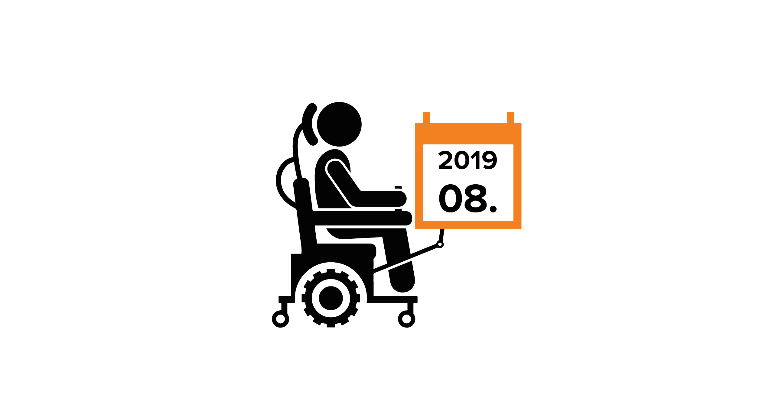 Na grafice człowiek na wózku, trzymający kalendarz z datą 08.2019