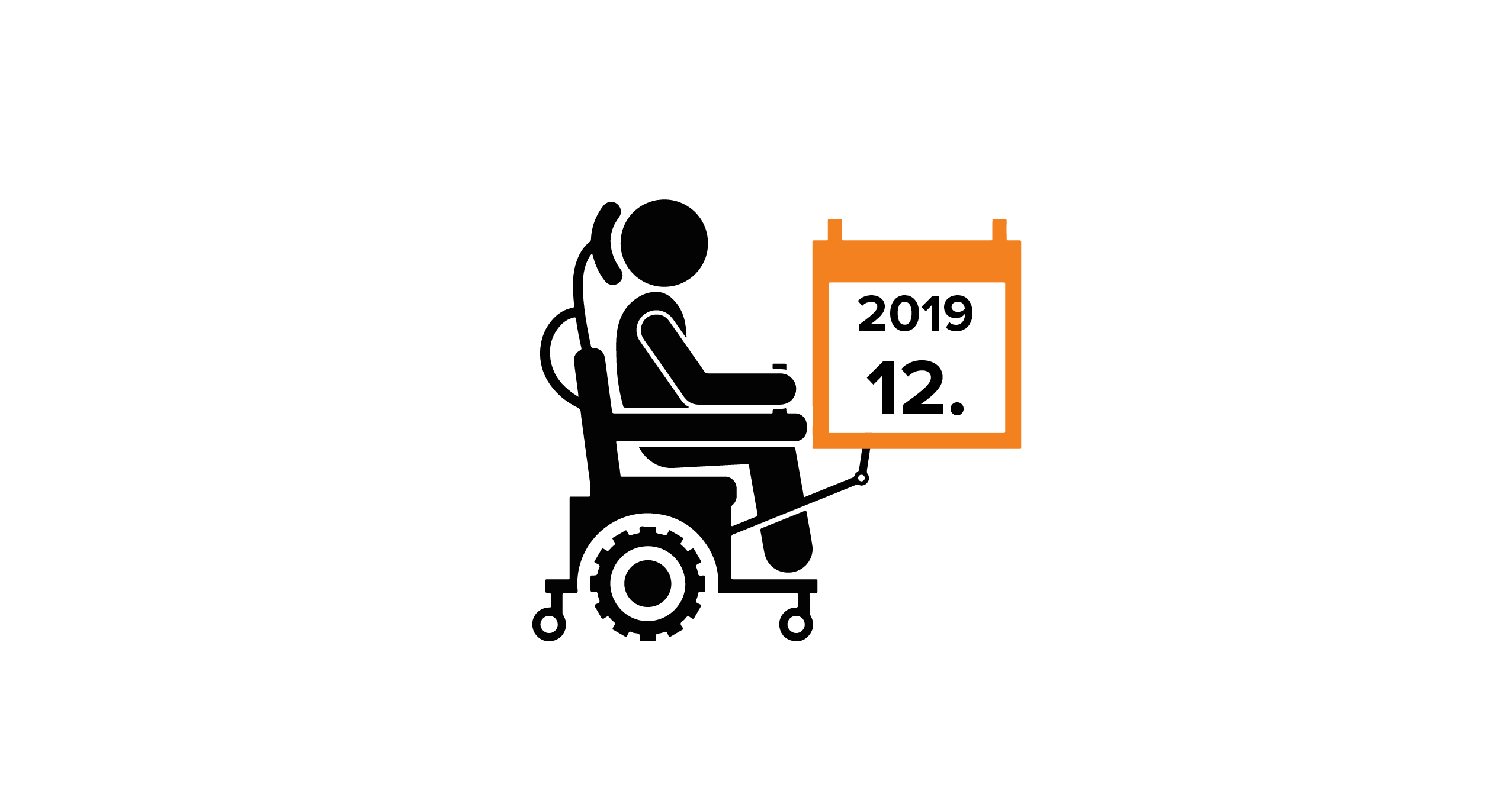 Na grafice człowiek na wózku, trzymający kalendarz z datą 12.2019