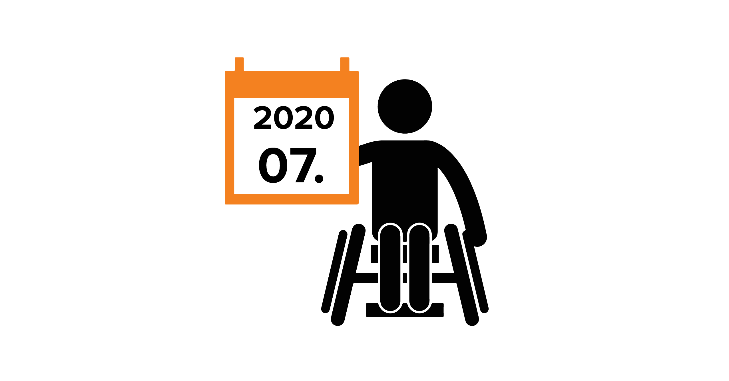 Na grafice człowiek na wózku trzymający w dłoni kalendarz z datą 07.2020