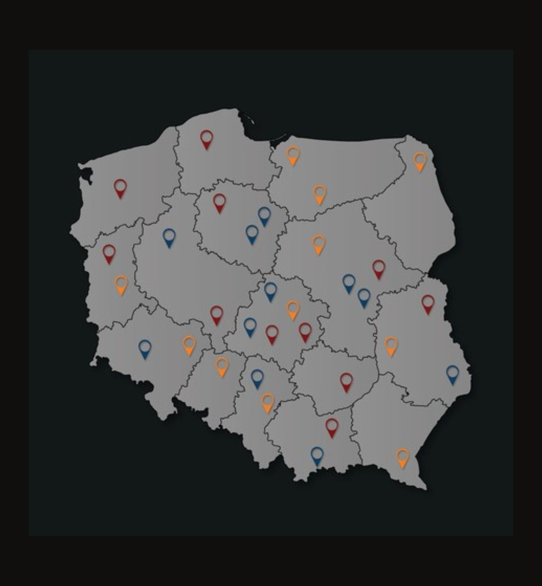 Na grafice zarys mapy Polski ze znacznikami w różnych miejscach.