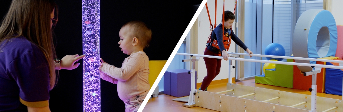 Dwa zdjęcia: na pierwszym fizjoterapeutka wykonuje z małą dziewczynką ćwiczenia w ramach terapii wzroku, na drugim chłopiec ćwiczy chodzenie przy użyciu podnośnika Levi Care