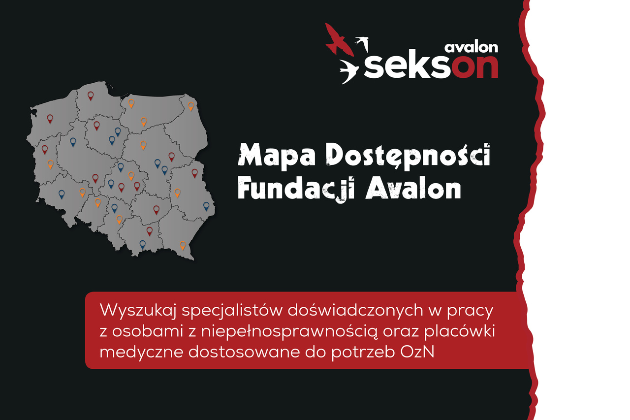 Na grafice zarys mapy Polski ze znacznikami, logotyp projektu sekson oraz napis Mapa Dostępności Fundacji Avalon. Wyszukaj specjalistów doświadczonych w pracy z osobami z niepełnosprawnością oraz placówki medyczne dostosowane do potrzeb OzN