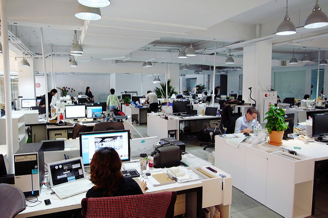 biuro, w którym pracownicy siedzą przy biurkach z komputerami