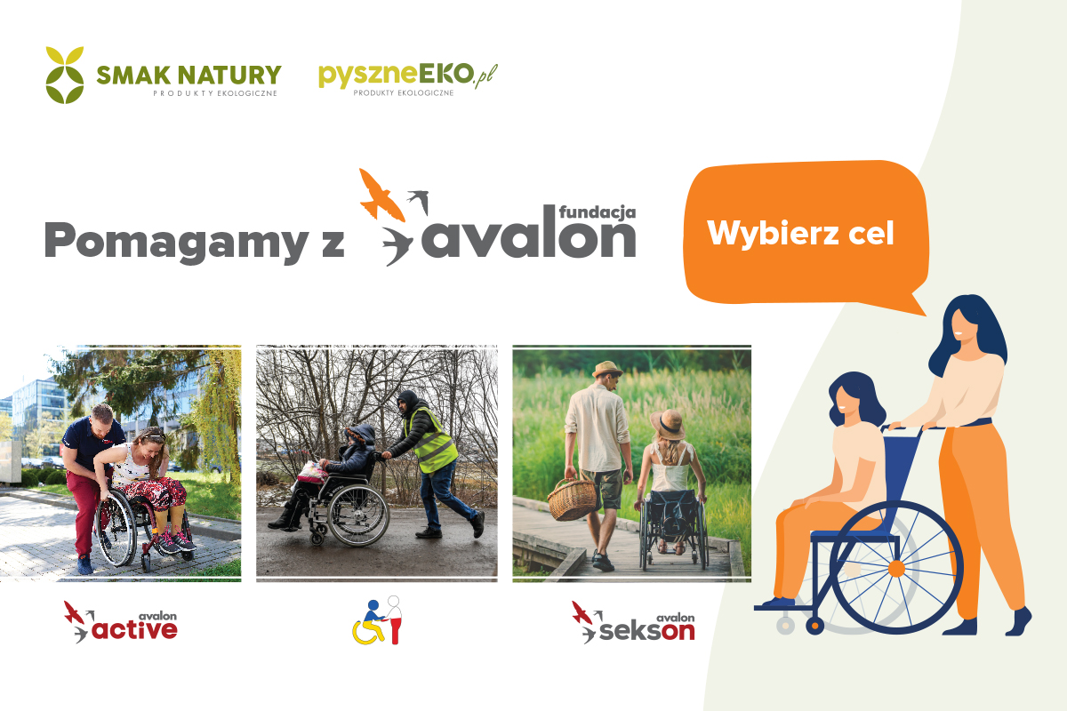 Na grafice kolaż zdjęć z projektów Fundacji: pacjentka z fizjoterapeutą, para interablistyczna oraz kobieta na wózku z pakunkami pchana przez żołnierza. Napis Pomagamy z Fundacją Avalon.