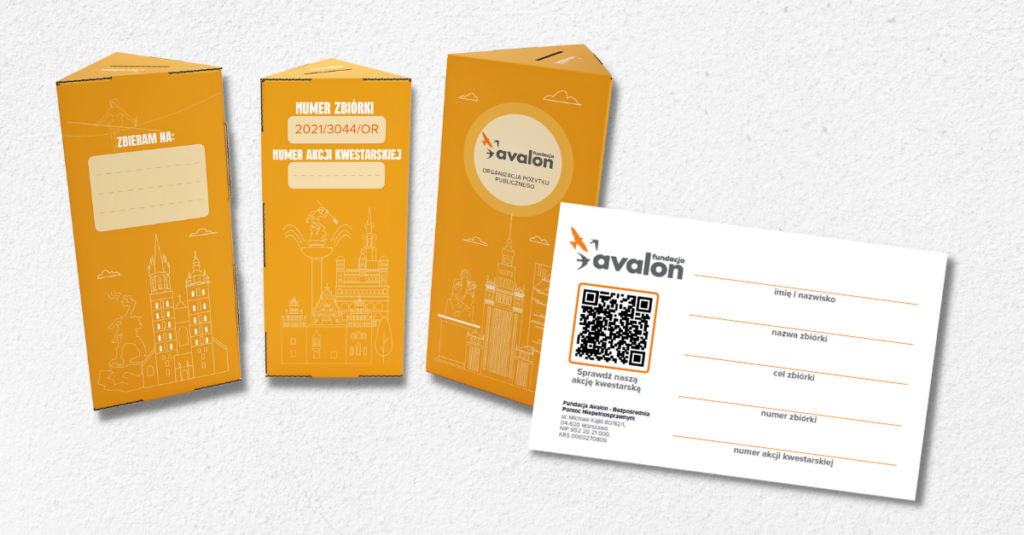 Na grafice wizualizacja puszki oraz identyfikatora niezbędnych do przeprowadzenia akcji kwestarskiej w ramach zbiórki publicznej Fundacji Avalon