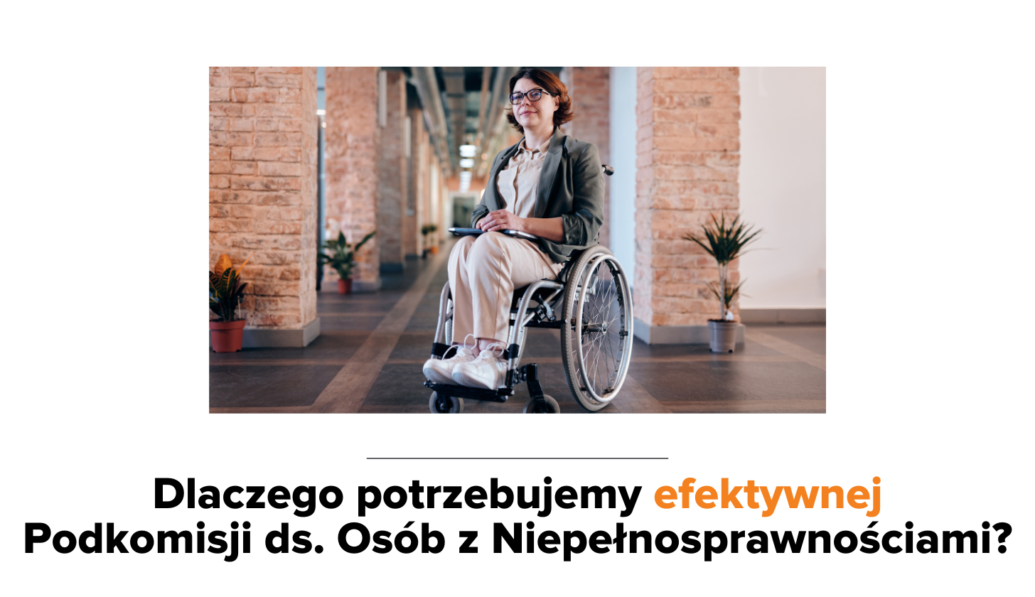 Kobieta na wózku. Napis: Dlaczego potrzebujemy efektywnej Podkomisji ds. Osób z Niepełnosprawnościami.