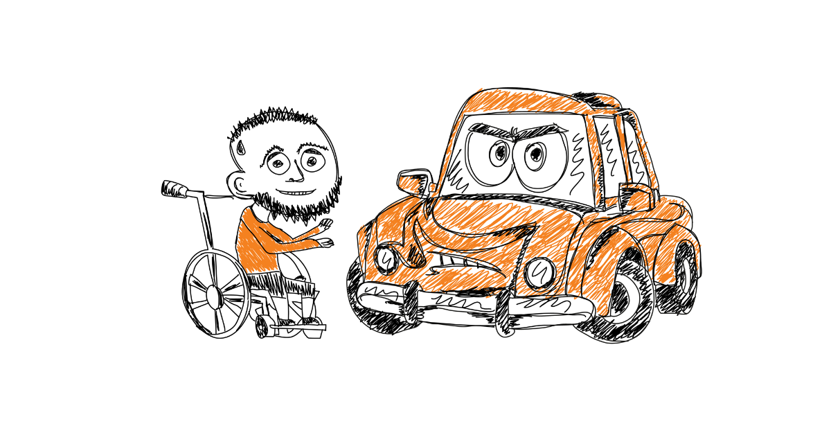rysunek przedstawia mężczyznę ze zmartwioną miną, który jest na wózku i znajduje się obok samochodu, który ma oczy i usta, jego mina jest rozzłoszczona