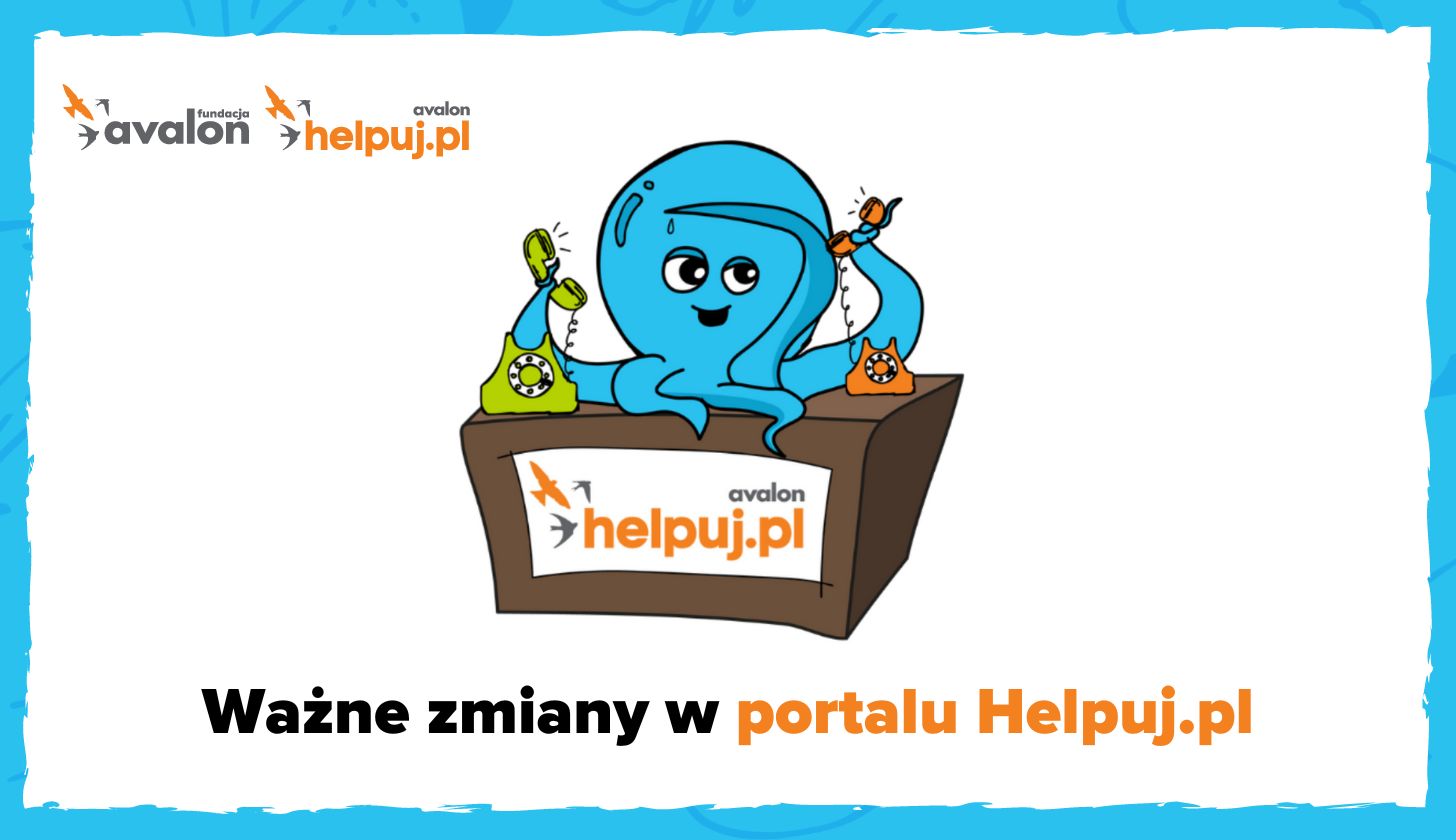 Na rysunku ośmiornica, która siedzi przy biurku z napisem Helpuj.pl i odbiera telefony.