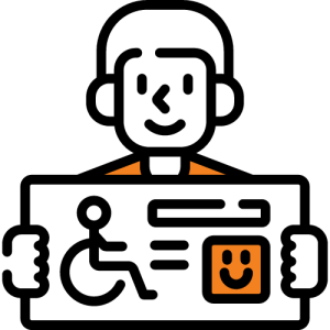 Ikonka z człowiekiem, który trzyma kartkę, na której znajduje się symbol z osobą na wózkiem i uśmiechnięta buźka.