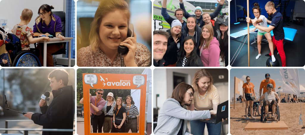 Kolaż ze zdjęć pracowników Fundacji Avalon w trakcie wykonywania obowiązków w biurze, na sali rehabilitacyjnej oraz w trakcie wydrzeń.
