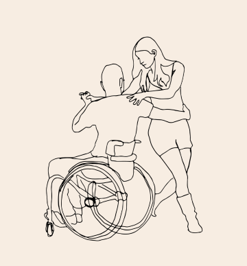 Rysunek kobiety i mężczyzny na wózku, którzy tańczą ze sobą.